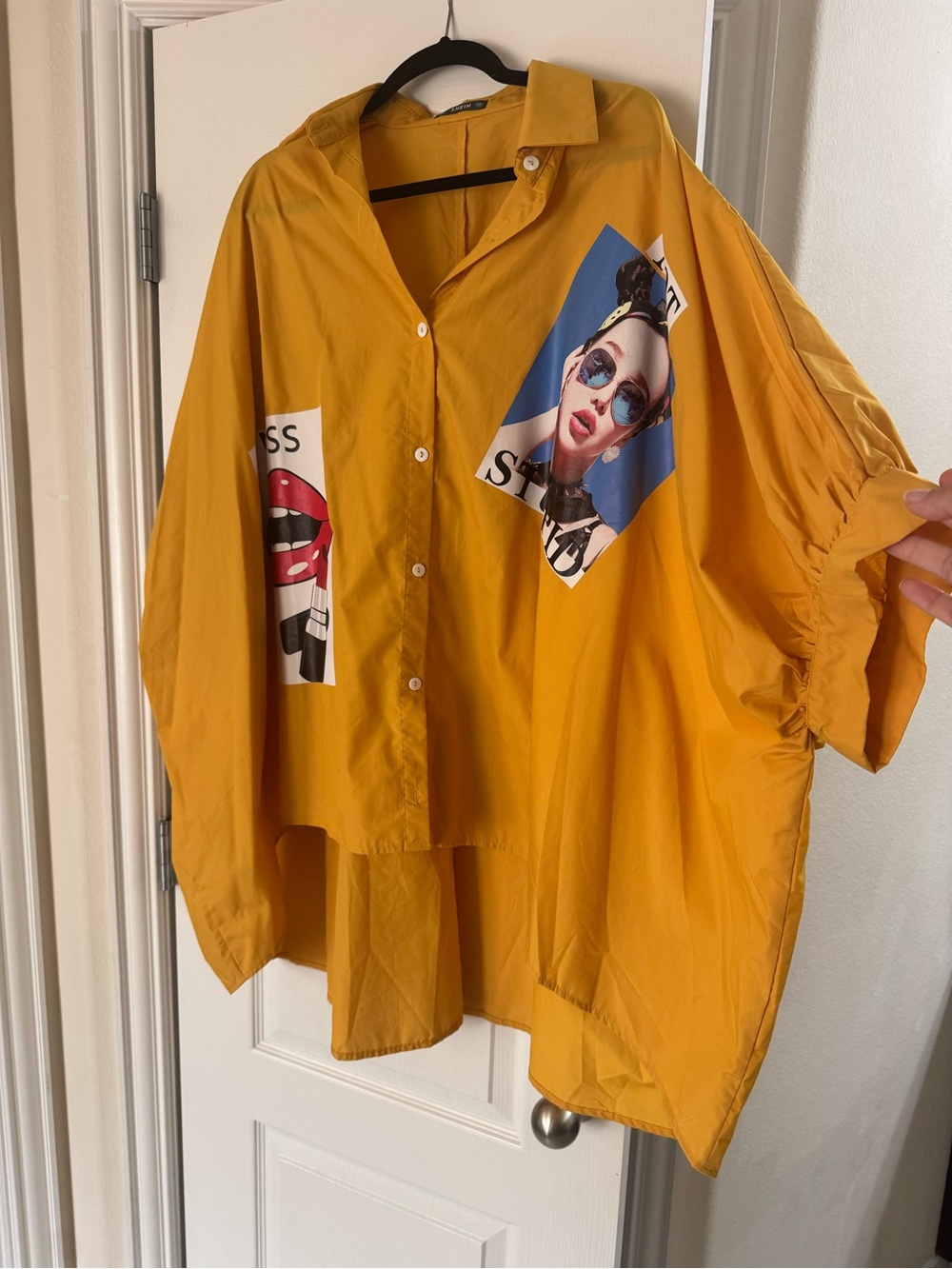 SHEIN Mustard Yellow Button-Down Shirt with Graphic Prints